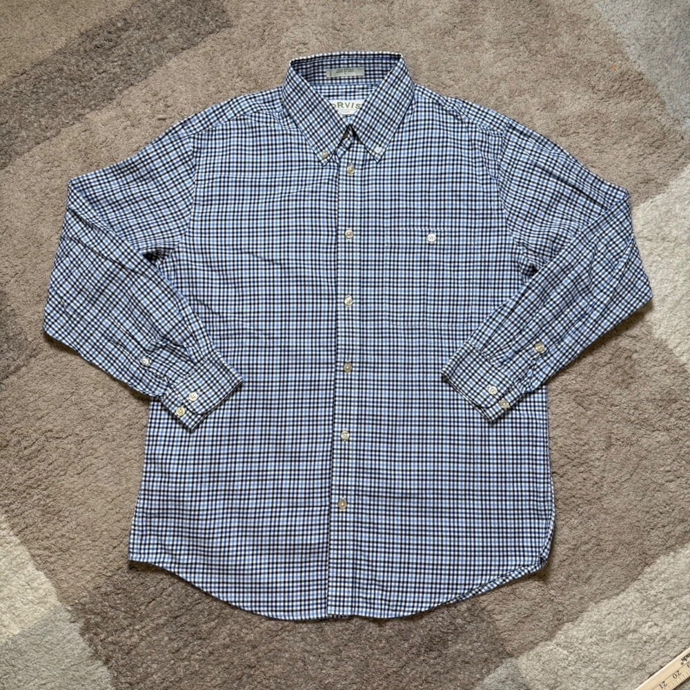 Orvis Mens Blue Gingham Check Button Down Cotton Shirt Large